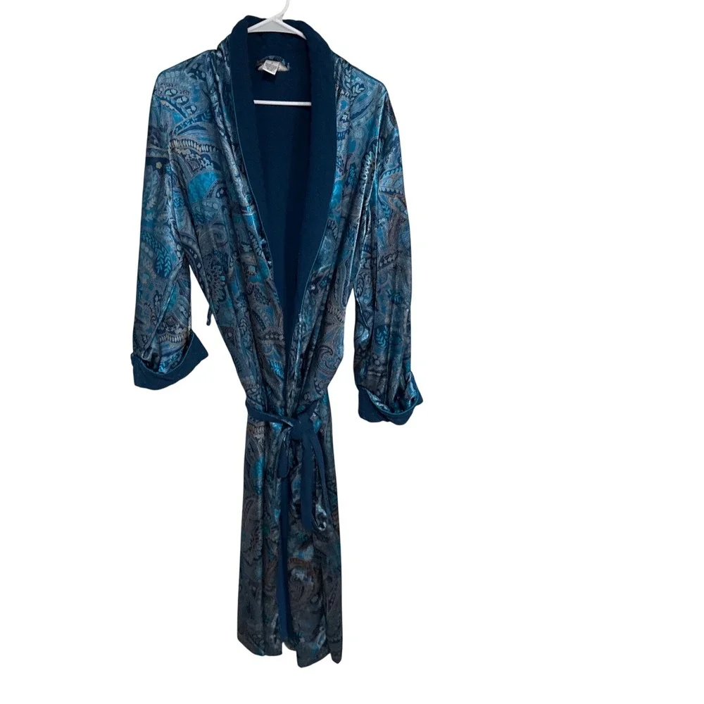 Morgan Taylor Intimates Blue Paisley Fleece Lined Long Wrap Robe Large WPL 8046